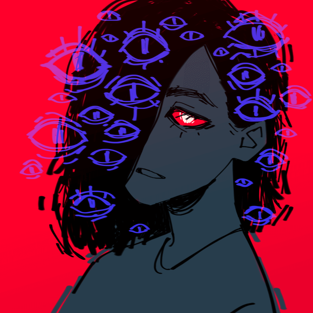 illustration of valeriapryanikova silhouetted on a bright red background with a lot of dark blue eyes floating around its head